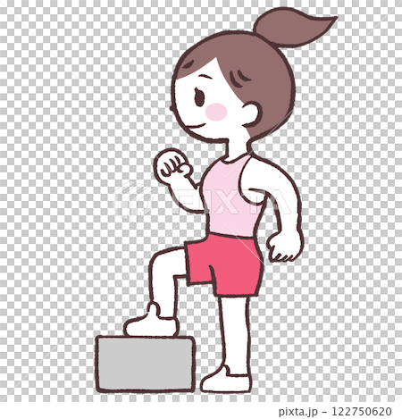Full-body illustration of a woman climbing backwards off a box 122750620
