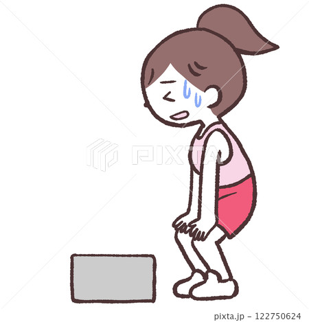 昇降運動でくたくたになりながら箱の前に立つ女性全身イラスト 122750624