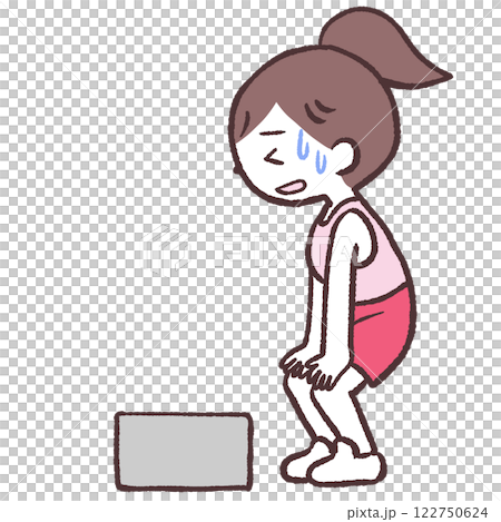 昇降運動でくたくたになりながら箱の前に立つ女性全身イラスト 122750624