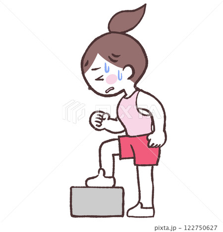 昇降運動でくたくたになりながら後ろ向きに箱から降りる女性全身イラスト 122750627