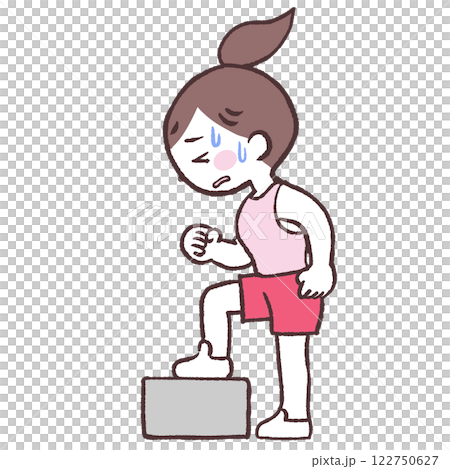 Full-body illustration of a woman climbing backwards off a box, exhausted from the upward and downward motion Full-body illustration of a woman climbing backwards off a box, exhausted from the upward and downward motion 122750627