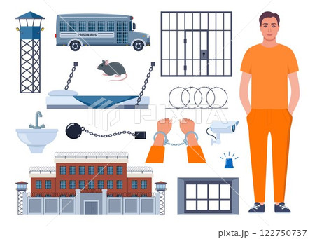 Prison elements. Observation tower, bed, prisoner, window, prison bars, toilet bowl, sink, jail cell, rat, barbed wire, hands in handcuffs, security camera. Penitentiary system icons. Vector. Prison elements. Observation tower, bed, prisoner, window, prison bars, toilet bowl, sink, jail cell, rat, barbed wire, hands in handcuffs, security camera. Penitentiary system icons. Vector. 122750737