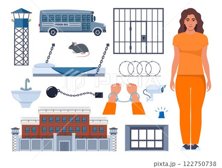 Prison elements. Observation tower, bed, prisoner, window, prison bars, toilet bowl, sink, jail cell, rat, barbed wire, hands in handcuffs, security camera. Penitentiary system icons. Vector. 122750738