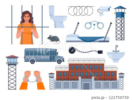 Prison elements. Observation tower, bed, prisoner, window, prison bars, toilet bowl, sink, jail cell, rat, barbed wire, hands in handcuffs, security camera. Penitentiary system icons. Vector. Prison elements. Observation tower, bed, prisoner, window, prison bars, toilet bowl, sink, jail cell, rat, barbed wire, hands in handcuffs, security camera. Penitentiary system icons. Vector. 122750739