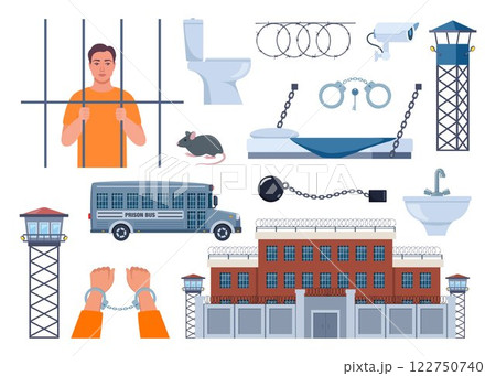 Prison elements. Observation tower, bed, prisoner, window, prison bars, toilet bowl, sink, jail cell, rat, barbed wire, hands in handcuffs, security camera. Penitentiary system icons. Vector. 122750740