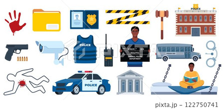 Murder investigation and penitentiary system icons. Police, crime Investigation, court, prison elements. Law and justice. Vector illustration. 122750741