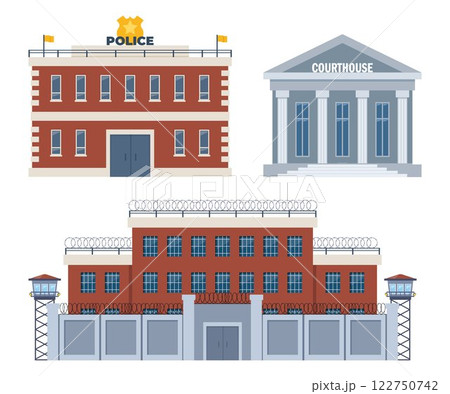City buildings exterior collection. Facades of court house, police station and prison. Legal services houses. Law, justice system. Vector illustration. City buildings exterior collection. Facades of court house, police station and prison. Legal services houses. Law, justice system. Vector illustration. 122750742