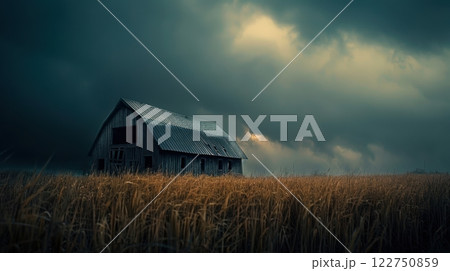 Moody Landscape of Weathered Barn in Stormy Field for Artistic Inspiration and Design Projects 122750859