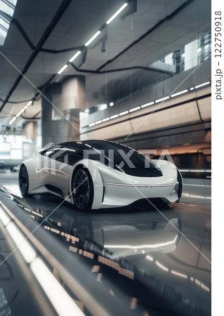 Futuristic White Electric Car in High-Tech Urban Setting for Automotive Design and Innovation 122750918