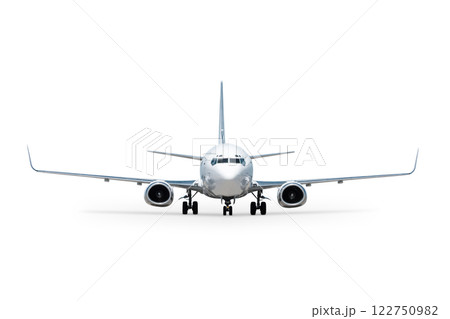 Front view of the modern passenger airliner isolated on white background 122750982