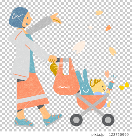 嬰兒和母親享受春天-豐富多彩和有趣的水彩插圖 122750999