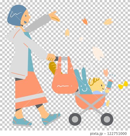 嬰兒和母親在春天歡欣鼓舞 — — 色彩繽紛、有趣的平面插圖 122751000