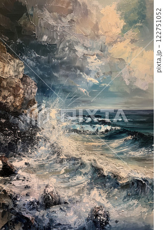 Dramatic Stormy Seascape Oil Painting for Artistic Decor and Prints 122751052