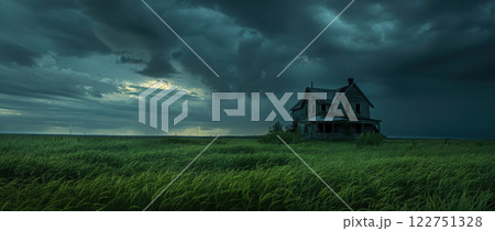 Eerie Abandoned Farmhouse Amidst Field Under Looming Storm Clouds - Mysterious Landscape Imagery 122751328
