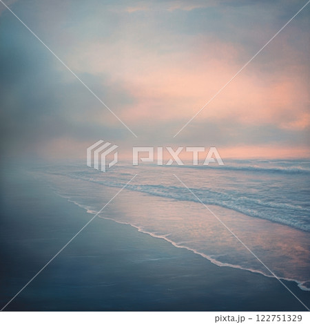 Serene Twilight Beach with Pastel Sky Reflections Perfect for Print, Card, Poster Design 122751329