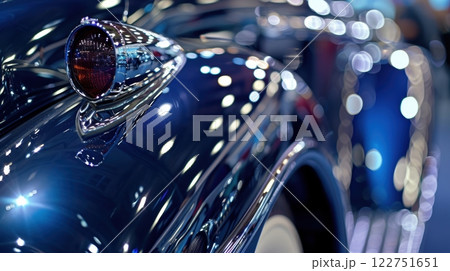 Classic Vintage Car in Deep Blue with Chrome Details at Exhibition Perfect for Design and Posters Classic Vintage Car in Deep Blue with Chrome Details at Exhibition Perfect for Design and Posters 122751651