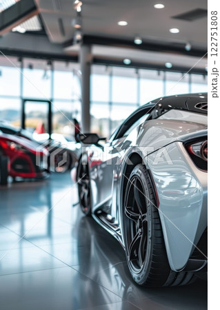 Sleek Electric Sports Car Display in Modern Dealership Showroom for Luxury Auto Enthusiasts Sleek Electric Sports Car Display in Modern Dealership Showroom for Luxury Auto Enthusiasts 122751808