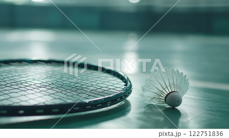 Badminton Racquet and Shuttlecock on Court Surface Highlighting Craftsmanship and Quality Badminton Racquet and Shuttlecock on Court Surface Highlighting Craftsmanship and Quality 122751836