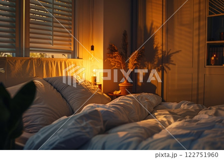 Peaceful Bedroom with Ambient Lighting for Restful Sleep and Relaxation 122751960