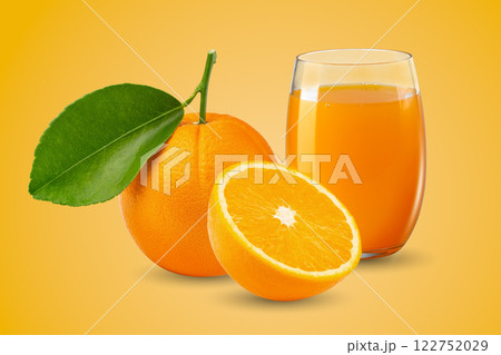 Fresh orange juice and orange fruit isolated on orange background Fresh orange juice and orange fruit isolated on orange background 122752029