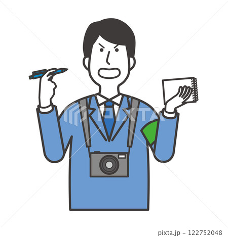 メモとカメラを持って取材をする男性記者のイラスト メモとカメラを持って取材をする男性記者のイラスト 122752048