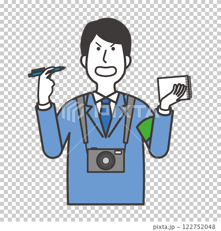 メモとカメラを持って取材をする男性記者のイラスト メモとカメラを持って取材をする男性記者のイラスト 122752048