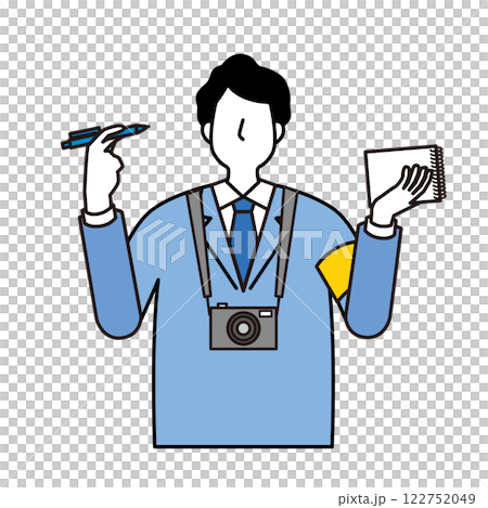 一位男記者拿著筆記和相機報導的插圖 122752049