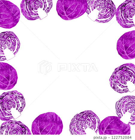 フレッシュな赤キャベツ（紫キャベツ）のフレーム　野菜の手描き水彩イラスト素材 122752084