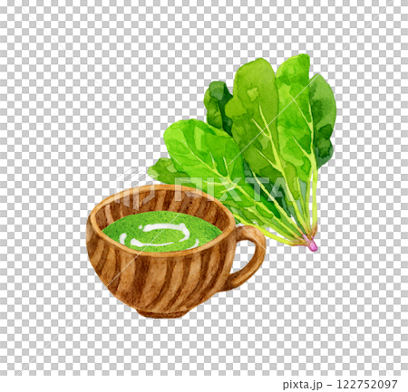菠菜濃湯和菠菜套裝烹飪和食物的手繪水彩插畫素材 122752097