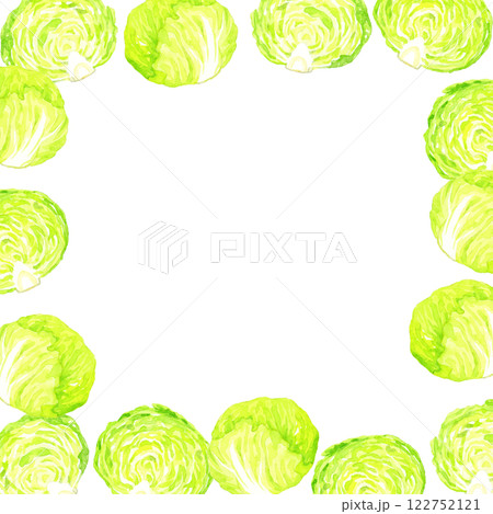 フレッシュなレタスのフレーム　野菜の手描き水彩イラスト素材 122752121