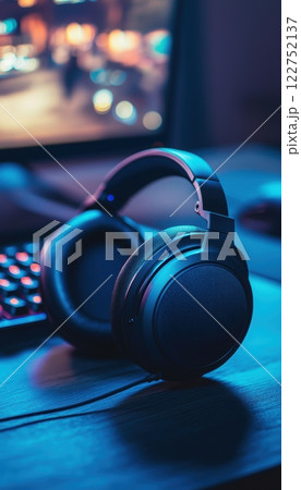Gaming Headset and Desk Setup for Immersive Play with Ambient Lighting Gaming Headset and Desk Setup for Immersive Play with Ambient Lighting 122752137