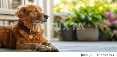 Relaxed Dog with Microchipped Collar on Porch for Pet Safety and Security 122752193
