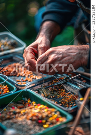 Hands Preparing Bait for Feeder Fishing in a Natural Setting - Perfect for Angling Enthusiasts 122752194