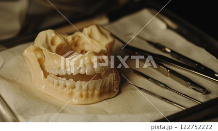 Silicone Jaw Implant for Cosmetic Surgery on Sterile Surgical Cloth with Precision Tools 122752222