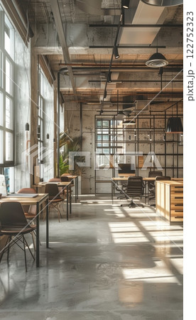 Modern Industrial Office Design with Natural Light and Professional Workspace Interiors 122752323