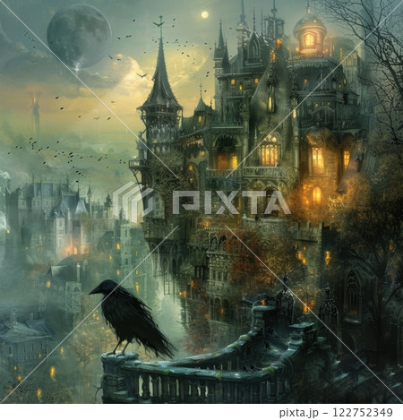 Gothic Castle Fantasy: Moonlit Night and Enchanting Ravens for Halloween Design 122752349