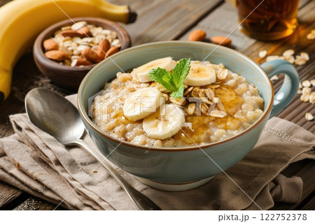 Sleep-Promoting Breakfast with Oatmeal, Bananas, and Herbal Tea in Natural Morning Light 122752378