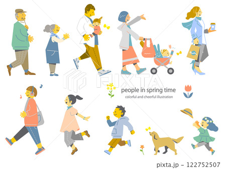 春を喜ぶいろいろな人々 カラフルで楽しいフラットイラスト 春を喜ぶいろいろな人々 カラフルで楽しいフラットイラスト 122752507