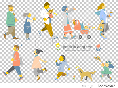 各種各樣的人享受春天——豐富多彩、有趣的平面插圖 122752507