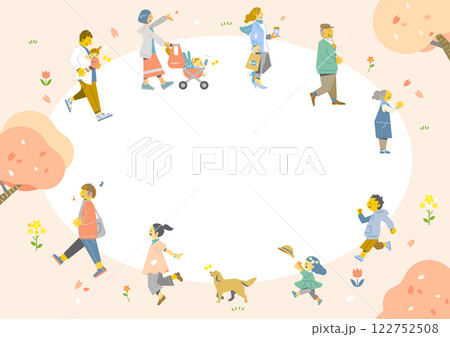 桜を楽しむ人々のフレーム　カラフルで楽しい水彩風イラスト 122752508