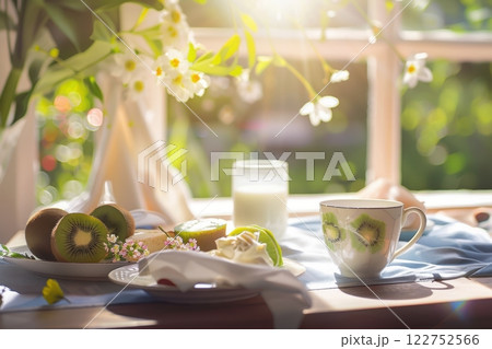 Balanced Breakfast for Promoting Good Sleep with Kiwi, Yogurt, and Warm Milk in Morning Sunlight 122752566