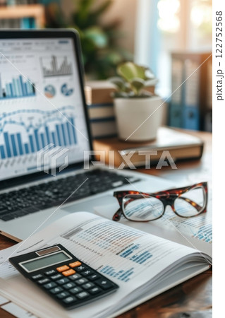 Modern Financial Planner's Workspace with Open Books, Calculator, and Investment Charts Display 122752568