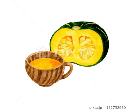 かぼちゃのポタージュ　料理・食べ物の手描き水彩イラスト素材 122752680