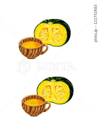かぼちゃのポタージュのセット 料理・食べ物の手描き水彩イラスト素材 かぼちゃのポタージュのセット 料理・食べ物の手描き水彩イラスト素材 122752683
