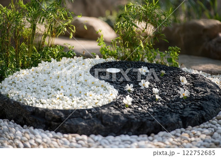 Yin Yang of Flowers and Stones in Nature: Symbolic Balance Under Sunlight 122752685