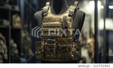 Tactical Paintball Vest with Camo Patterns in Studio Setting for Gear Display 122752802