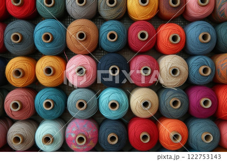 Bunch of colorful yarns are displayed in row. Colors are bright and vibrant, creating cheerful and lively atmosphere 122753143