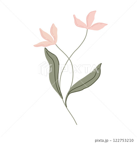 Hand drawn flat vector botanical illustration with pink flowers and green leaves. Minimalist floral art in pastel colors. for prints, branding, stationery, textile, home decor, elegant compositions 122753210