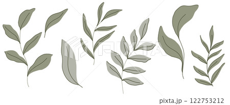 Hand drawn botanical set of green leaves in minimalist modern style. Soft muted colors and delicate lines. Ideal for branding, packaging, textile design, wedding invitations, digital prints, decor Hand drawn botanical set of green leaves in minimalist modern style. Soft muted colors and delicate lines. Ideal for branding, packaging, textile design, wedding invitations, digital prints, decor 122753212