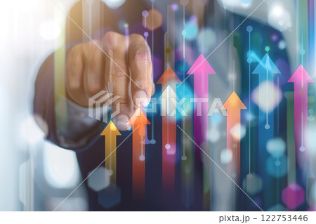 Increased profits. Benchmarking. Businessman analyzes profitability of working companies with digital augmented reality graphics, positive indicators, growing up graph and charts, colorful arrows. 122753446